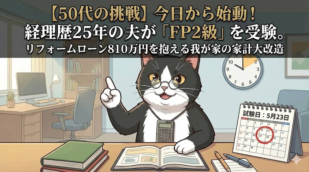 【50代の挑戦】今日から始動！経理歴25年の夫が「FP2級」を受験。リフォームローン810万円を抱える我が家の家計大改造、というタイトルが書かれた、経理猫キャラクターがテキストを開いて勉強しているアイキャッチ画像。