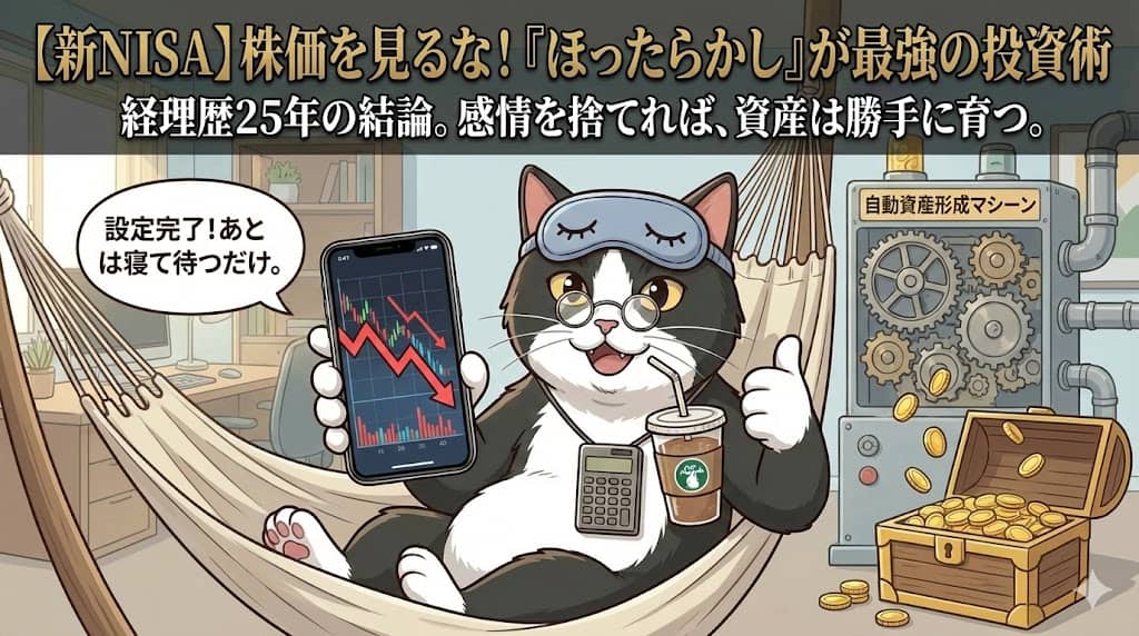 【新NISA】株価を見るな！『ほったらかし』が最強の投資術。経理歴25年の結論「感情を捨てれば、資産は勝手に育つ」。株価が暴落しているスマホを無視して、ハンモックでくつろぎながら「設定完了！あとは寝て待つだけ」と余裕の表情を見せる経理猫のイラスト。