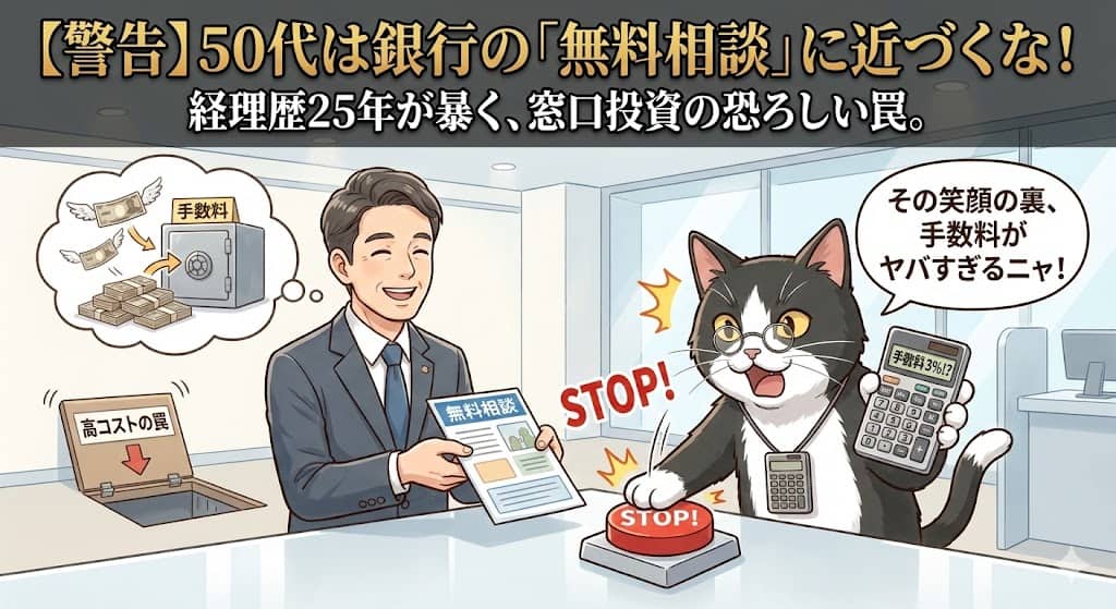 【警告】50代は銀行の「無料相談」に近づくな！経理歴25年が暴く、窓口投資の恐ろしい罠。と書かれたアイキャッチ画像。笑顔で「無料相談」の案内を渡す銀行員に対し、メガネをかけた経理猫が「STOP!」ボタンを勢いよく押し、「その笑顔の裏、手数料がヤバすぎるニャ！」と警告しているイラスト。銀行員の背景には手数料としてお金が金庫に吸い込まれる様子や「高コストの罠」という落とし穴が描かれ、猫が掲げる電卓には「手数料3%!?」と表示されている。