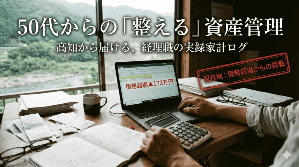 高知の豊かな自然を背景に、債務超過173万円のバランスシートが表示されたパソコンと電卓に向かう50代男性の手元