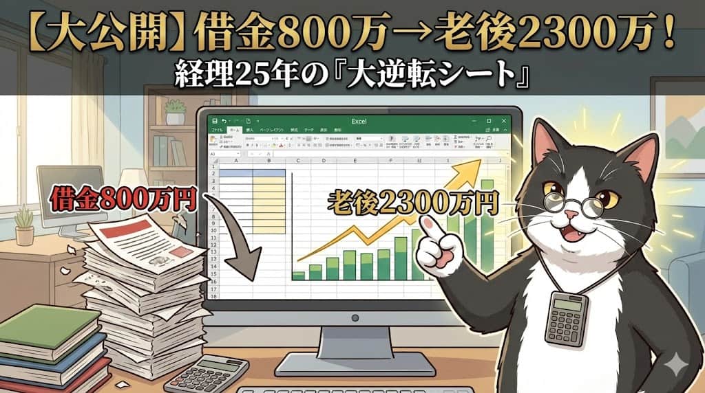 借金800万円から老後資金2300万円への大逆転を解説する、経理夫のExcelシミュレーション画面のアイキャッチ画像