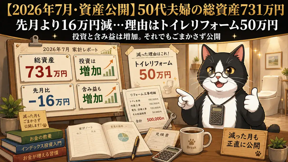 2026年7月の資産公開 50代夫婦の総資産731万円 先月より16万円減 理由はトイレリフォーム50万円